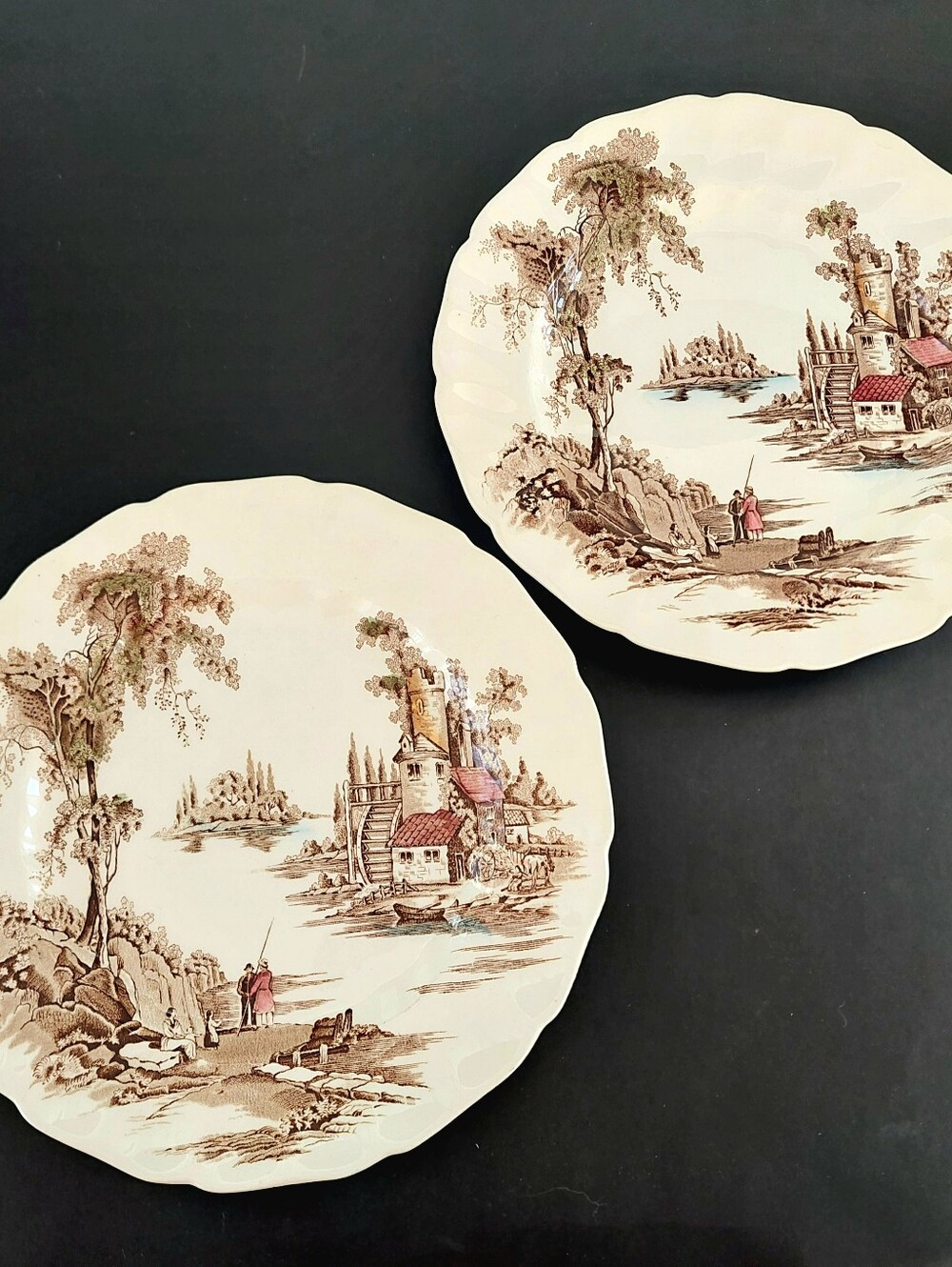 Vintage Johnson Brothers The Old Mill Brown Multicolor Dinner Plates Set of 2